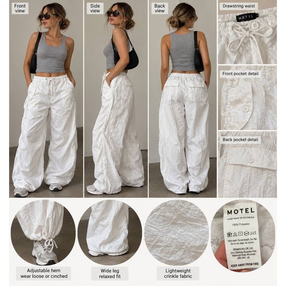 Motel Rocks White Parachute Cargo Pants Size S Baggy Wide Leg Y2K Drawstring